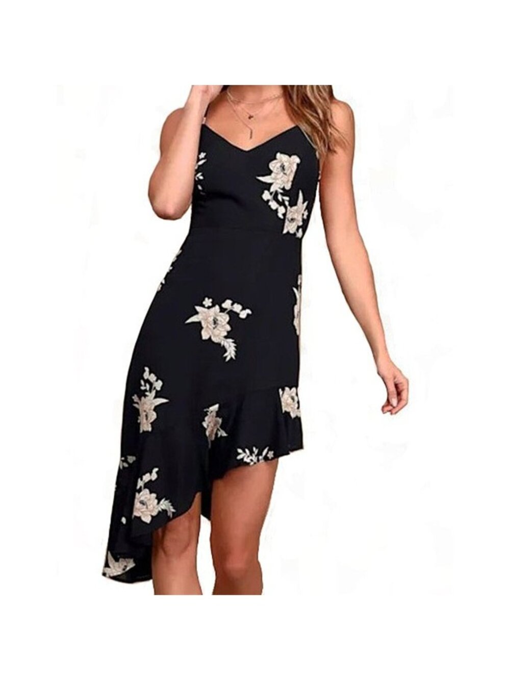 Lulus Black Floral Asymmetrical Ruffle Midi Dress V-Neck Medium NWT 4358